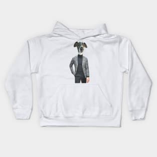 An grey Italian greyhound in a smart and dapper blue mens suit Kids Hoodie